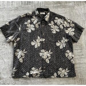 Caribbean Hawaiian Shirt Men XL Black Gold Floral Regular Fit Collar Button Down